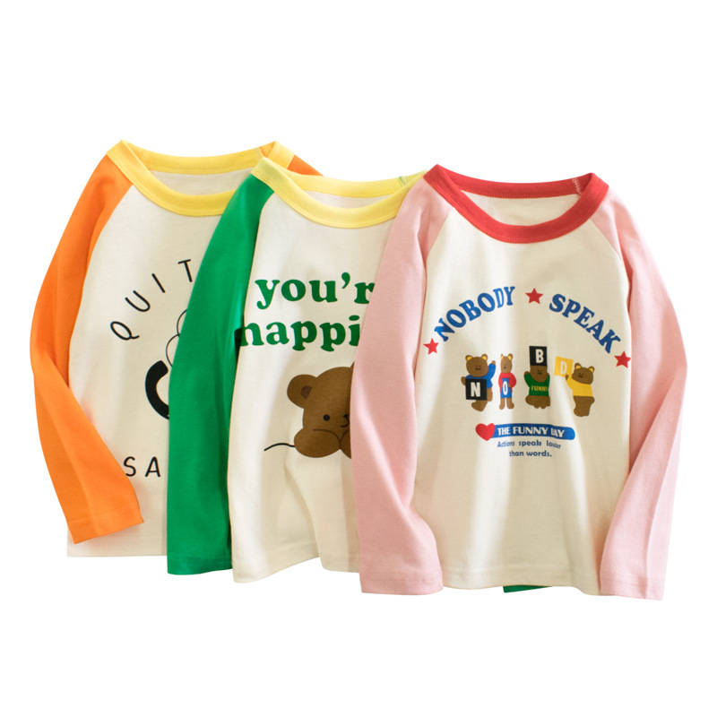 2022年春の子供服長袖Tシャツ新卸売、韓国スタイルの子供と女の子のラウンドネックボトミングシャツ