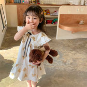 2022新作、韓国風子供服、可愛い、クマのパターン、袖なしのドレス、人形の襟