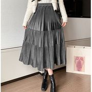 プリーツスカート　フレアスカート　着痩せ　ベルベット　韓国ファッション　5colors　