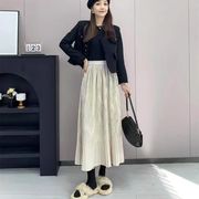 プリーツスカート　ロングスカート　デザイン　着痩せ　韓国ファッション　6colors　