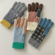 ニット手袋　チェック柄　かわいい　秋冬　レディース　韓国ファッション　デザイン　4colors