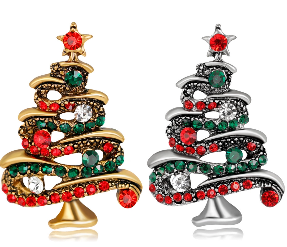 2色 スタイリッシュなラインストーンのクリスマスツリーブローチ  クリスマスアクセサリー