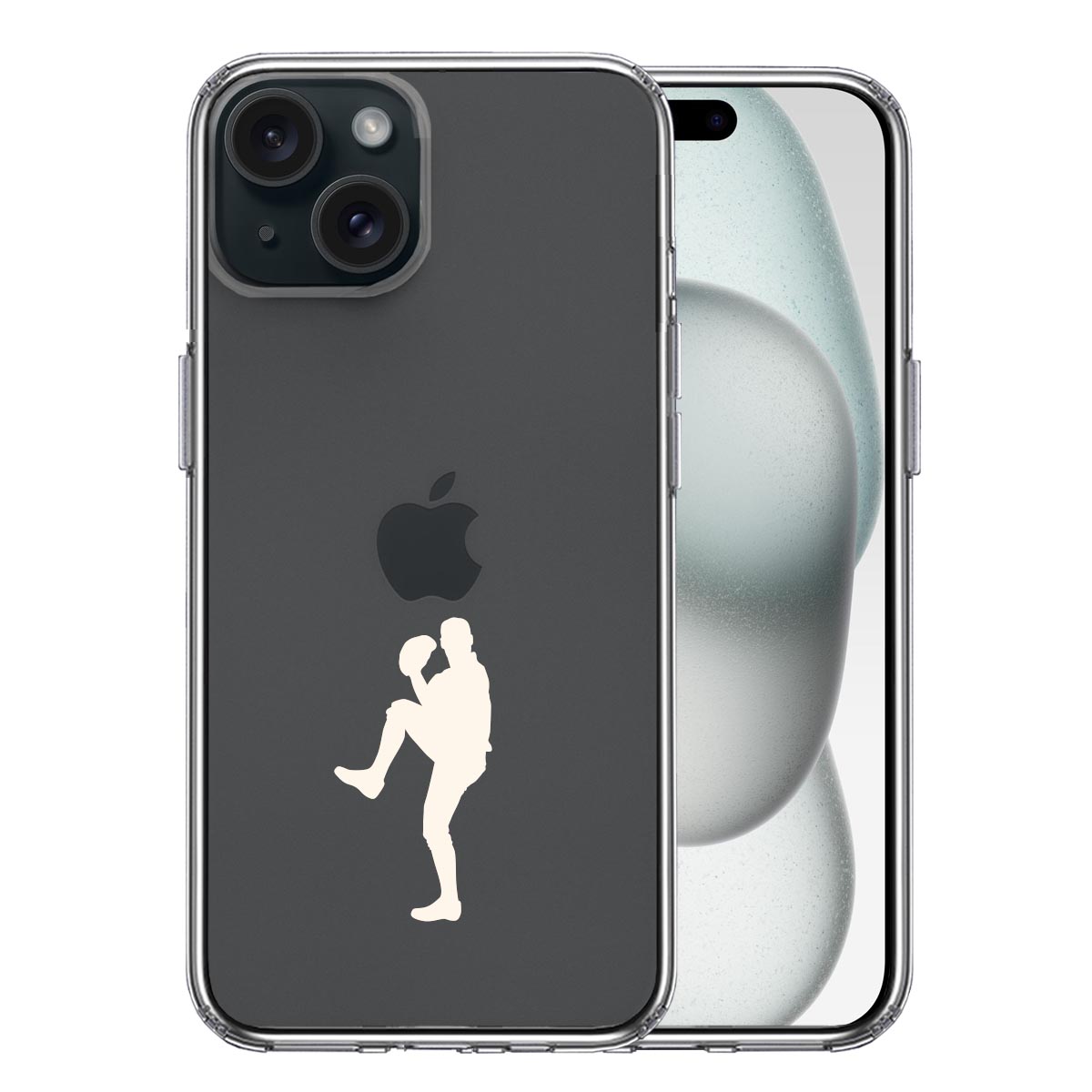 iPhone 15 Plus 側面ソフト 背面ハード ハイブリッド クリア ケース 野球 ピッチャー ホワイト