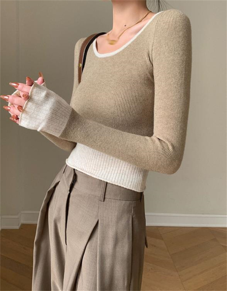 ファッションブログ主が好きな商品 撞色 ニットトップス トレンド セーター カジュアル 秋 短いスタイル