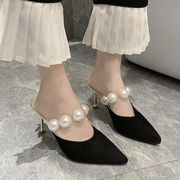 春の新しいスタイルのパールキャットつま先の靴アウターウェアのハーフスリッパ女の子のハイヒールスチレッ