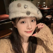 ★全2色★　ウサギファーベレー帽　可愛いパーツ付き　小顔ハット　韓国ファッション