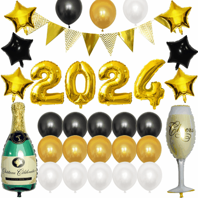 32inch2024 バルーン 新年 happy new year 瓶 星フラワー 旗 ゴム風船セット イベント パーティー