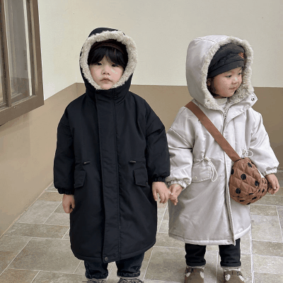 秋冬 ユニセックス ナチュラル系 韓国風子供服 ロングコート 暖かく フード付上着 裏ボア裏起毛 80-150