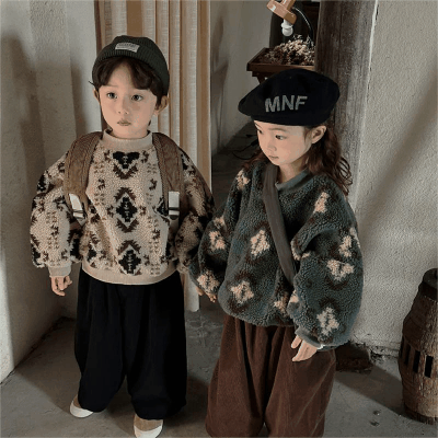 秋冬 ユニセックス ナチュラル系 韓国風子供服 裏ボア裏起毛 フーディ プルオーバー 厚手上着 80-140