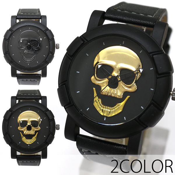 文字盤に大きなスカルが光る ブラックデザイン 存在感抜群 レザーベルト SPST055 メンズ腕時計