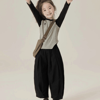 韓国風子供服 春新作 オシャレ ユニセックス プルオーバー上着 ニッカボッカ Tシャツ+ワイドパンツ 7-15