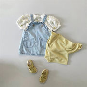韓国版子供服2024夏女の子デニムバックスカート+花柄半袖T赤ちゃんかわいい洋風スーツブーム