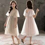 女の子 Vネックメッシュドレス 夏の半袖プリンセスドレス 韓国の人気ドレス