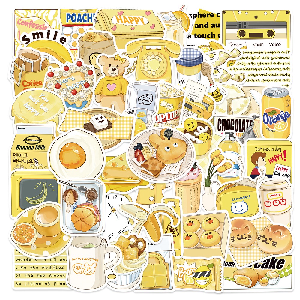 50枚入  暖かい 黄色系  手帳シール  かわいい 朝食 食べ物 テディベア ステッカー  装飾用  防水シール