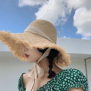 女性の夏 帽子 折りたたみ式 麦わら帽子 ビーチの大きなつばの帽子 日よけ帽 カジュアルハット