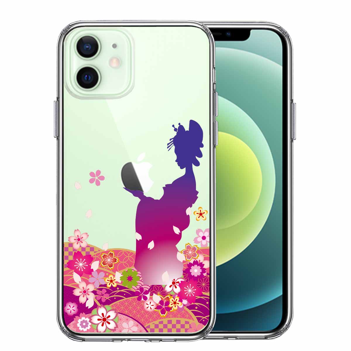iPhone12mini 側面ソフト 背面ハード ハイブリッド クリア ケース 日本女性 着物少女 青紫