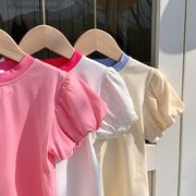 3色  ガールズTシャツ 夏新作 プリンセススタイル 夏服 ランタンスリーブ 半袖 コットン半袖