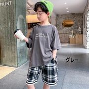 韓国子供服 男の子 ボーイ 2点セット 上下セット 半袖 Tシャツ チェック ハーフパンツ 半ズボン