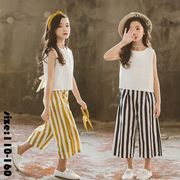 韓国子供服 セットアップ トップス+ガウチョパンツ 夏 ストライプ ワイドパンツ ノースリーブ