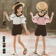韓国子供服 セットアップ カジュアル ナチュラル トップス+半ズボン シフォン 半袖 パンツ