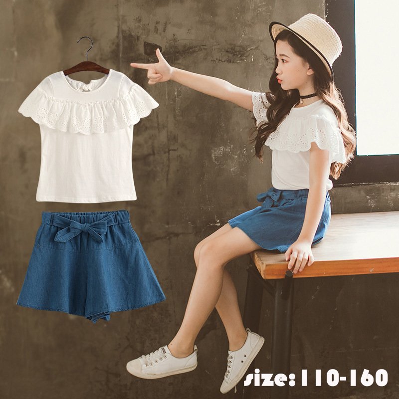 韓国子供服 ２点セット キュロット 白Tシャツ カジュアル ナチュラル 夏 ジーンズ デニム半ズボン