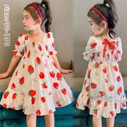 韓国子供服 ロングワンピース 子供ドレス Aライン コットン いちご プリント ロング丈 半袖 女の子