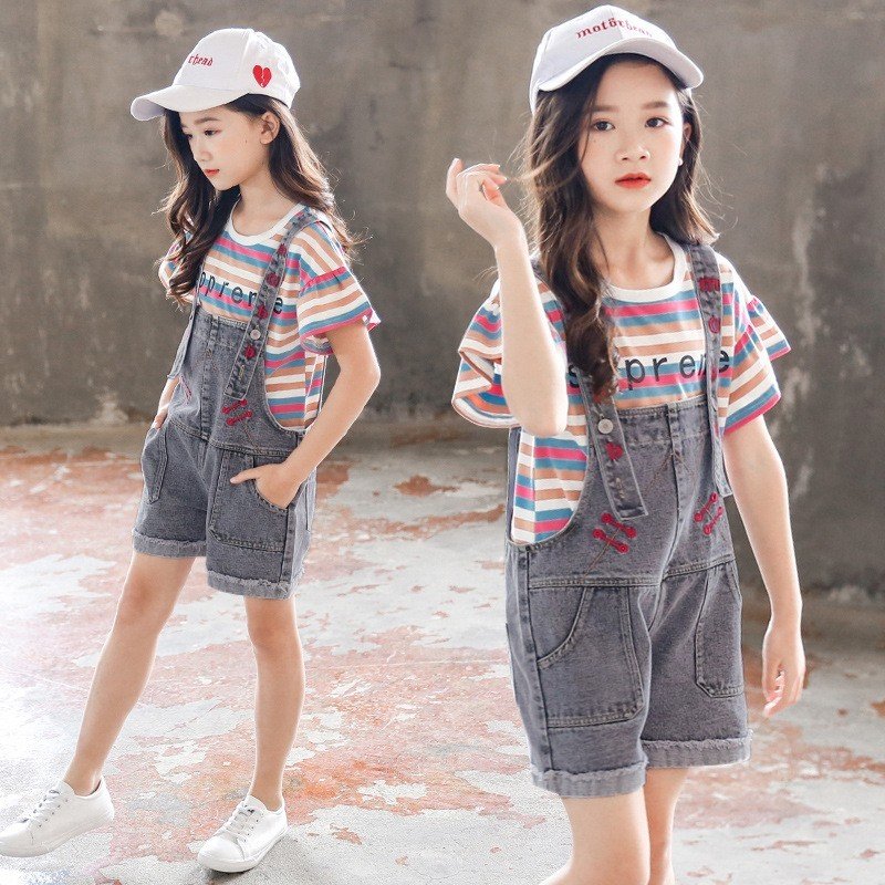 韓国子供服 セットアップ tシャツ オーバーオール デニムパンツ ジーンズ オールインワン 夏 ストライプ