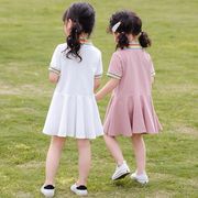 シャツワンピース 韓国子供服 子供ドレス ポロシャツ ロング丈 夏 刺繍 半袖 コットン フレアスカート