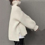 秋冬婦人服、前身頃が短く背もたれが長い不規則なセーター、ハイネックセーター