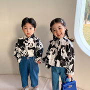 子供用シャツ、2024年秋の韓国風子供用パンダ柄シャツ、子供のかわいいルーズトップ、3つのスタイル
