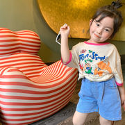 子供用Tシャツ、2024年夏の女の子韓国風漫画パターン半袖、ルーズカジュアルTシャツ、親子ウェア