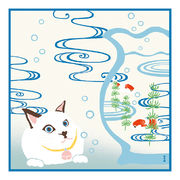 【濱文様】　小布　金魚鉢とにらめっこ猫　　(日本製)