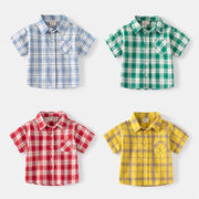 4色 ボーイズ 半袖 チェックシャツ  子供 ワイシャツ ボタンダウン 胸ポケット  コットンシャツ