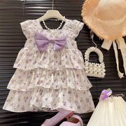紫色のリボン 花柄ワンピース ガールズドレス 韓国ファッション ガールズ ワンピース
