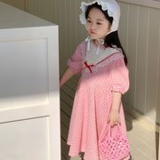 ピンクのチェック柄のドレス  韓国子供服  夏服  ワンピース   夏新作  子供用ドレス