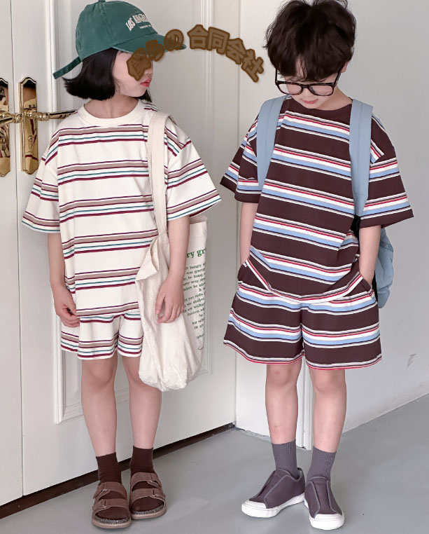 韓国風子供服　ベビー服　ボーダー柄　半袖　Tシャツ+ショートパンツ　セットアップ　90-150CM　2色展開