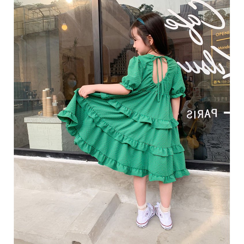韓国子供服 ワンピース 夏 子供ドレス 半袖 綿 チェック柄 ベアバック 女の子 リゾート おしゃれ