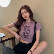 2024年夏新韓国版スリムトップネットレッドバタフライプリント半袖Tシャツ女性インタイド