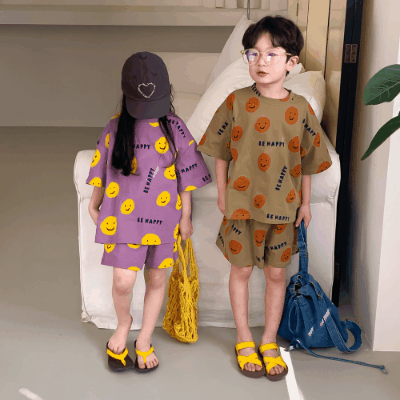 韓国風子供服 2024春夏 姉妹兄弟コーデ 男女 笑え顔 上下セット トップス+ズボン 80-150cm 2色