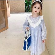 秋　女の子　総柄ワンピース　パフスリープ　Ｖネック　森ガール　チュール　子供服　花柄　ワンピース