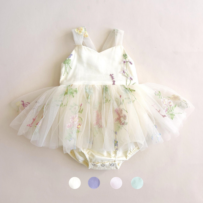 ins　夏新作　ベビー服　刺繍花柄　ロンパース　重ね着風　チュール　カバーオール　可愛い　おしゃれ