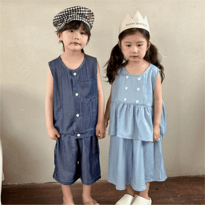 韓国風子供服 2024春夏 姉妹兄弟コーデ デニム 袖なしシャツ 上下セット トップス+ズボン 80-150cm