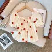 いちご刺繍　半袖　かわいい　蝶結び　半袖　ゆるい半袖　イチゴ柄半袖　いちご雑貨