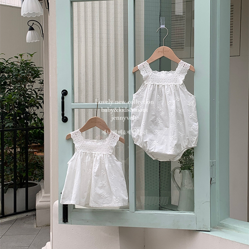 ins　夏新作　子供服　姉妹　お揃い　選べる2タイプ　レース　ロンパース　ベスト　刺繍　森ガール　可愛い