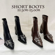 初回送料無料 定番 人気 ショートブーツ 厚底 黒 ポインテッドトゥ ベルト 黒 ブラウン 脚長 美脚