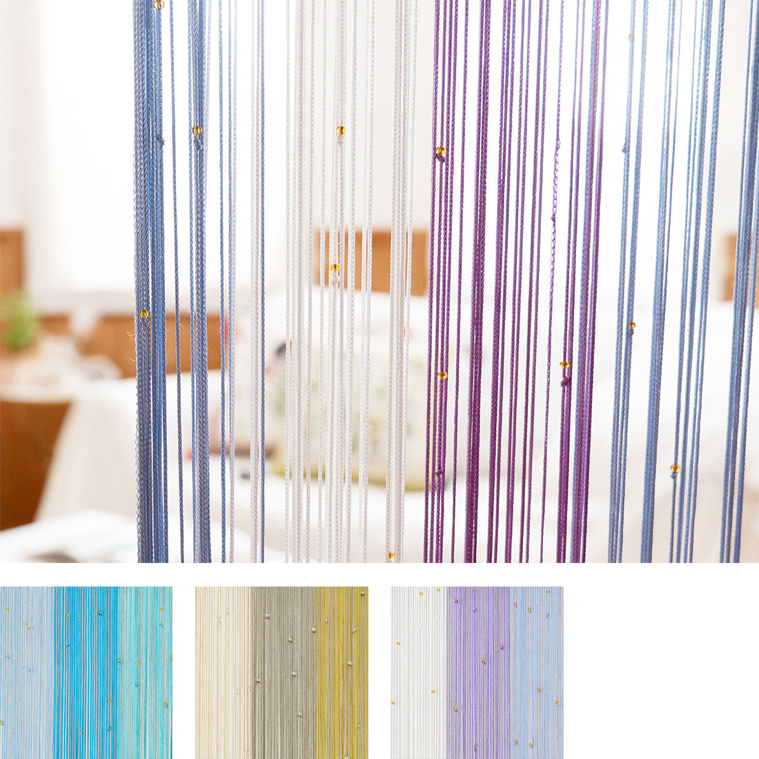 ストリングのれん ストライプビーズ[ひものれん 紐のれん カーテン　ナチュラル]