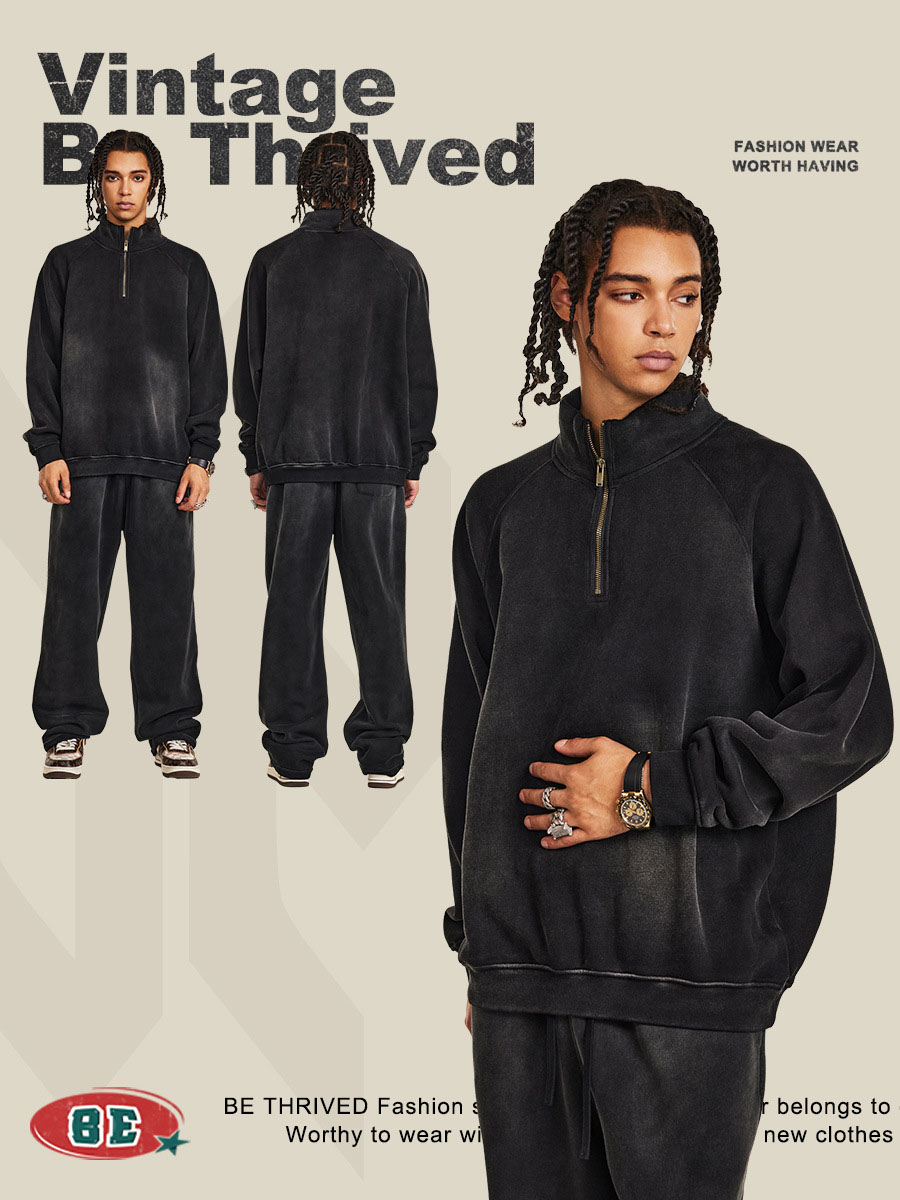 メンズ ビンテージ風 裏起毛 トレーナー 男女兼用 ジッパー付き