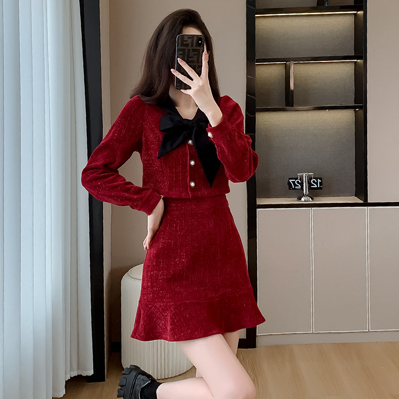 レディススーツ スタイルアップ シンプル 高見え 秋 冬 春 ツイード ショート丈 ミニスカ リボン ボウタイ