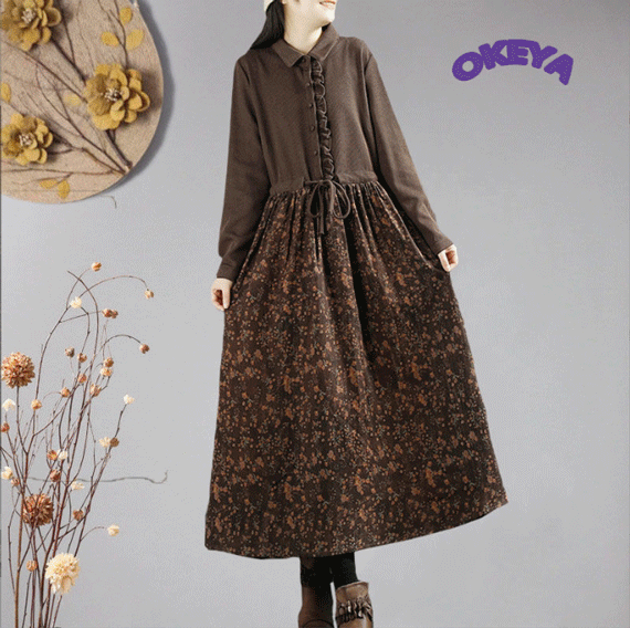 レディース服　Aラインワンピース　ワンピース　ロングワンピース　切り替え　コ一デュロイ　3色展開