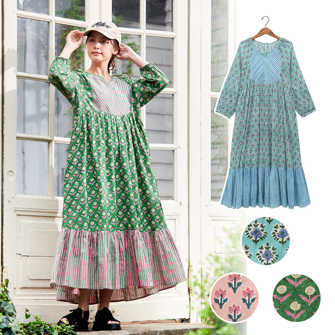 ｜特価｜【Shanti Shanti】ワンピース ジョリー[花柄ストライプアジアンブロックプリント 春夏25SSsssale]